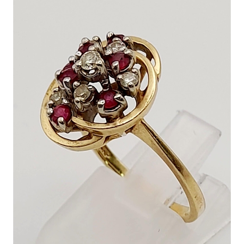 109 - 14K Yellow Gold Diamond & Ruby Swirl Cluster Ring   Size O 4.3g