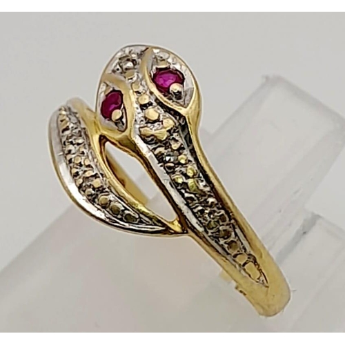 315 - 14k Yellow Gold Diamond & Ruby Snake Ring 1.3g. Size I