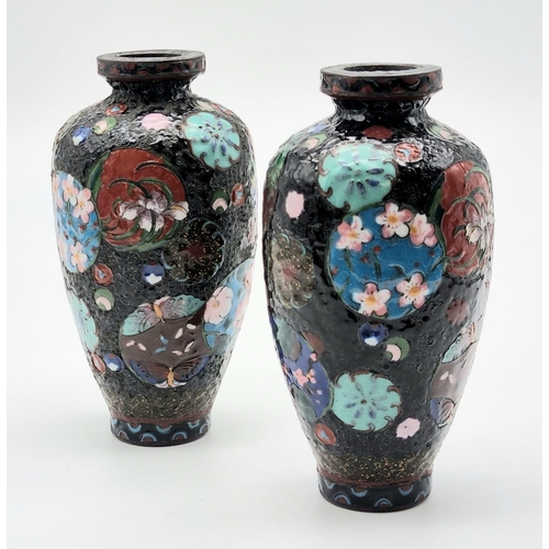 398 - A PAIR OF EARLY JAPANESE CLOISONNE 13cms VASES,
NO DAMAGE OR CRACKS.