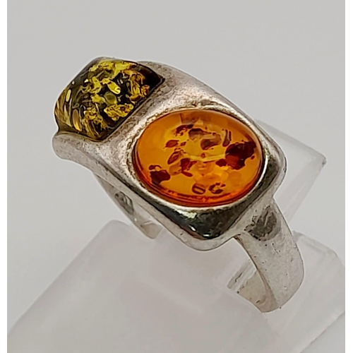 435 - Sterling Silver 2 Stone Amber Ring. Size K 3g.