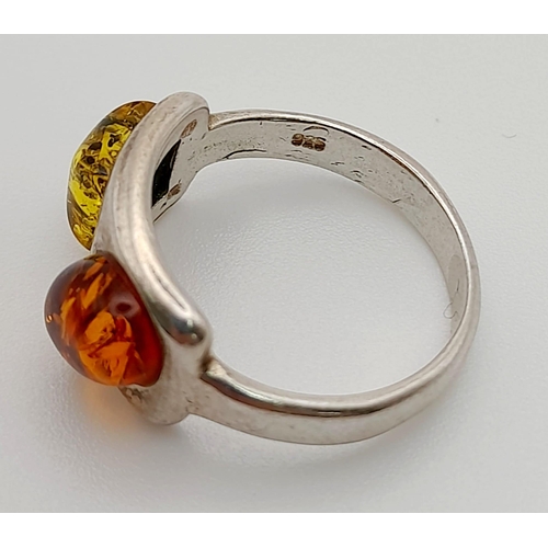 435 - Sterling Silver 2 Stone Amber Ring. Size K 3g.