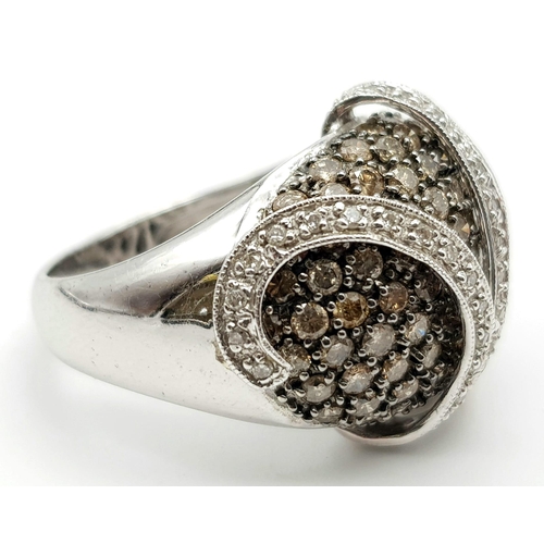 444 - A STUNNING 14K WHITE GOLD WITH 3CT OF CHAMPAGNE AND WHITE DIAMONDS.  7.6gms  size N/M