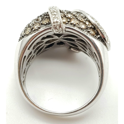 444 - A STUNNING 14K WHITE GOLD WITH 3CT OF CHAMPAGNE AND WHITE DIAMONDS.  7.6gms  size N/M