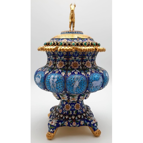 150 - A Magnificent Russian Silver Gilt and Cloisonné Enamel Gem-Set Centrepiece. Blue enamel foundation w... 