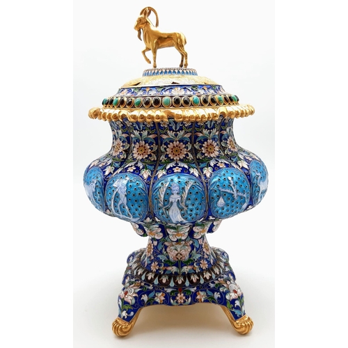 150 - A Magnificent Russian Silver Gilt and Cloisonné Enamel Gem-Set Centrepiece. Blue enamel foundation w... 