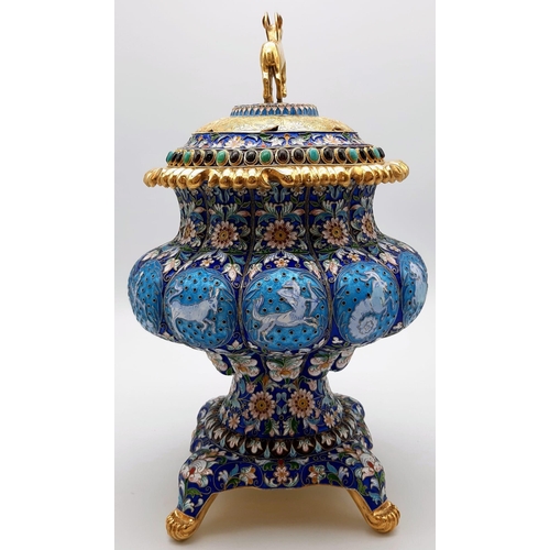 150 - A Magnificent Russian Silver Gilt and Cloisonné Enamel Gem-Set Centrepiece. Blue enamel foundation w... 