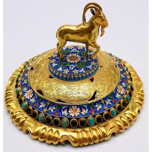 150 - A Magnificent Russian Silver Gilt and Cloisonné Enamel Gem-Set Centrepiece. Blue enamel foundation w... 