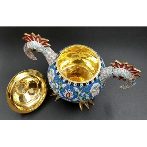 178 - A Spectacular Russian Silver-Gilt and Cloisonné Enamel Lidded Sugar Bowl. Richly gilded interior wit... 