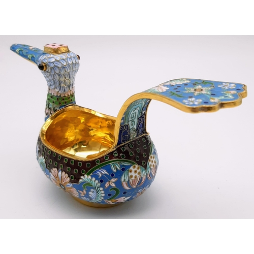 198 - An Extraordinary Russian Silver and Cloisonné Enamel Bird Shaped Kovsh Bowl. Floral decoration throu... 