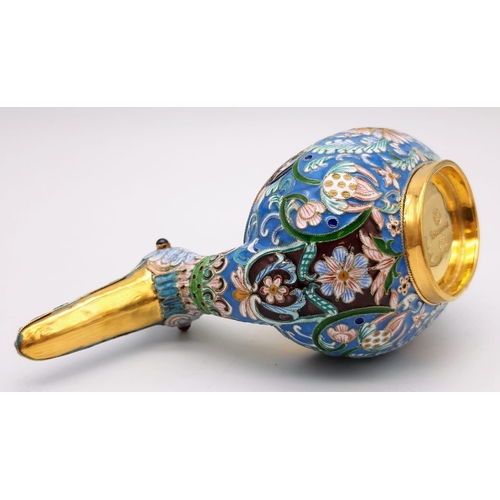 198 - An Extraordinary Russian Silver and Cloisonné Enamel Bird Shaped Kovsh Bowl. Floral decoration throu... 