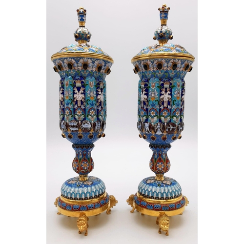 157 - A Pair of Sublime Russian Silver and Cloisonné Enamel Gem-Set Lidded Vases. Beautiful shades of blue... 