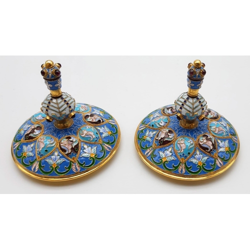 157 - A Pair of Sublime Russian Silver and Cloisonné Enamel Gem-Set Lidded Vases. Beautiful shades of blue... 