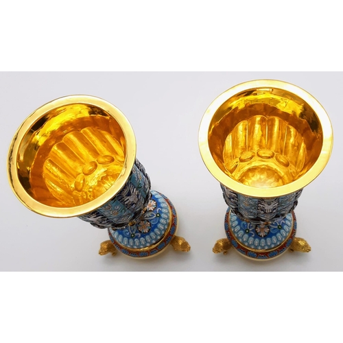 157 - A Pair of Sublime Russian Silver and Cloisonné Enamel Gem-Set Lidded Vases. Beautiful shades of blue... 