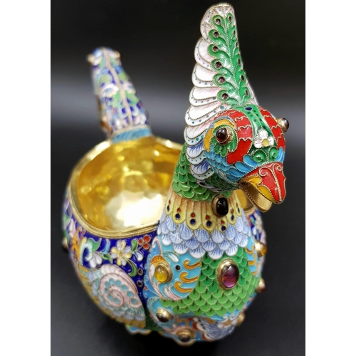 249 - A Magnificent Russian Silver and Cloisonné Enamel Large Gem-Set Kovsh Bowl. Vivid colours with gem d... 