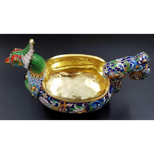 249 - A Magnificent Russian Silver and Cloisonné Enamel Large Gem-Set Kovsh Bowl. Vivid colours with gem d... 