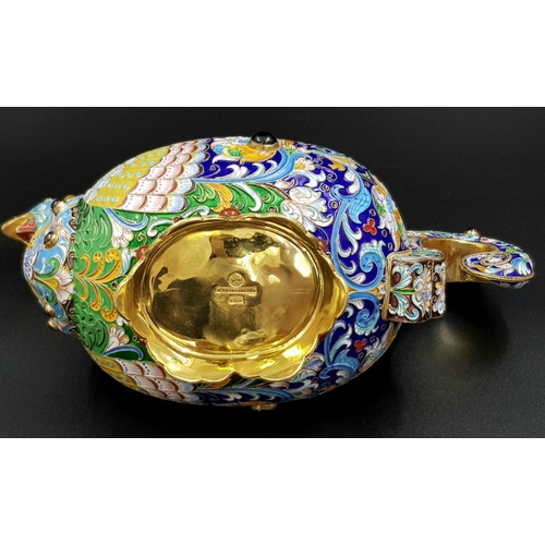 249 - A Magnificent Russian Silver and Cloisonné Enamel Large Gem-Set Kovsh Bowl. Vivid colours with gem d... 