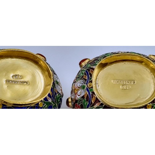 263 - A Pair of Small Russian Silver Cloisonné Enamel Kovsh Bowls with Handles. Floral and gem-set decorat... 