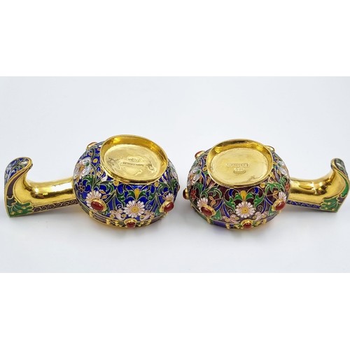 263 - A Pair of Small Russian Silver Cloisonné Enamel Kovsh Bowls with Handles. Floral and gem-set decorat... 