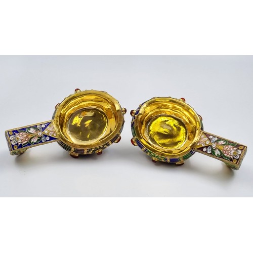 263 - A Pair of Small Russian Silver Cloisonné Enamel Kovsh Bowls with Handles. Floral and gem-set decorat... 