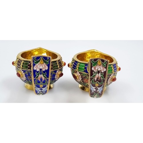 263 - A Pair of Small Russian Silver Cloisonné Enamel Kovsh Bowls with Handles. Floral and gem-set decorat... 