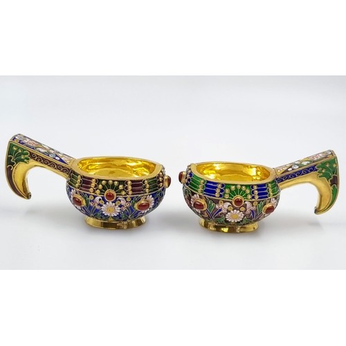 263 - A Pair of Small Russian Silver Cloisonné Enamel Kovsh Bowls with Handles. Floral and gem-set decorat... 