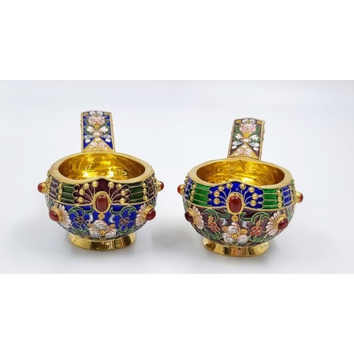 263 - A Pair of Small Russian Silver Cloisonné Enamel Kovsh Bowls with Handles. Floral and gem-set decorat... 