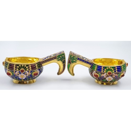 263 - A Pair of Small Russian Silver Cloisonné Enamel Kovsh Bowls with Handles. Floral and gem-set decorat... 