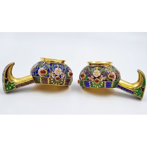 263 - A Pair of Small Russian Silver Cloisonné Enamel Kovsh Bowls with Handles. Floral and gem-set decorat... 