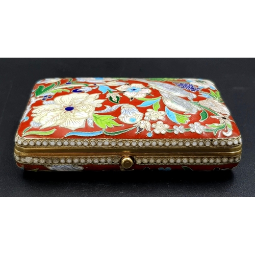 233 - A Beautifully Crafted  Russian Silver Gilt and Cloisonné Enamel Cigarette Case. Red base enamel with... 