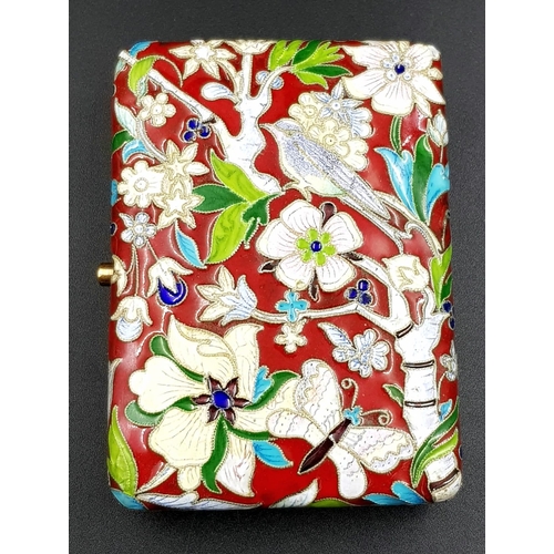 233 - A Beautifully Crafted  Russian Silver Gilt and Cloisonné Enamel Cigarette Case. Red base enamel with... 