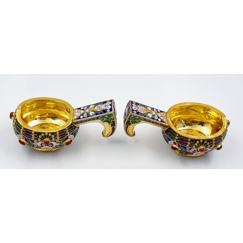 270 - An Enchanting Pair of Small Russian Silver Cloisonné Enamel Kovsh Bowls with Handles. Floral and gem... 