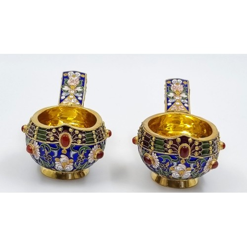 270 - An Enchanting Pair of Small Russian Silver Cloisonné Enamel Kovsh Bowls with Handles. Floral and gem... 