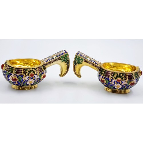 270 - An Enchanting Pair of Small Russian Silver Cloisonné Enamel Kovsh Bowls with Handles. Floral and gem... 