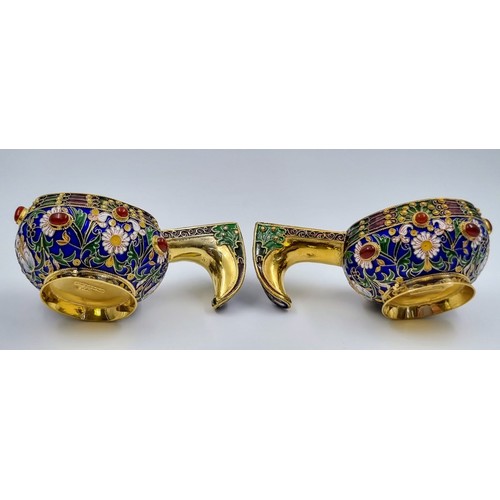 270 - An Enchanting Pair of Small Russian Silver Cloisonné Enamel Kovsh Bowls with Handles. Floral and gem... 