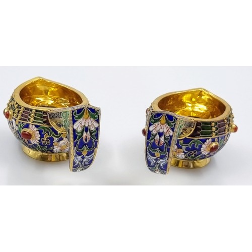 270 - An Enchanting Pair of Small Russian Silver Cloisonné Enamel Kovsh Bowls with Handles. Floral and gem... 