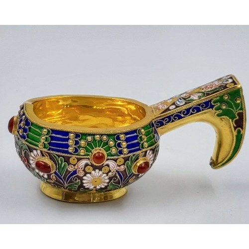 277 - A Small Russian Silver Cloisonné Enamel Kovsh Bowl with Handle. Floral and gem-set decoration throug... 