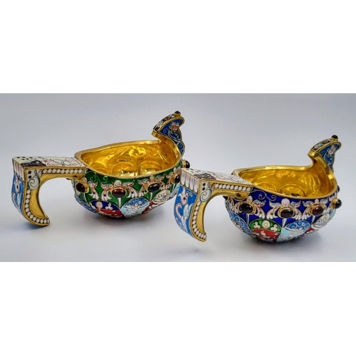 212 - A Delightful Pair of Small Russian Silver Cloisonné Enamel Kovsh Bowls with Handles. Floral and gem-... 