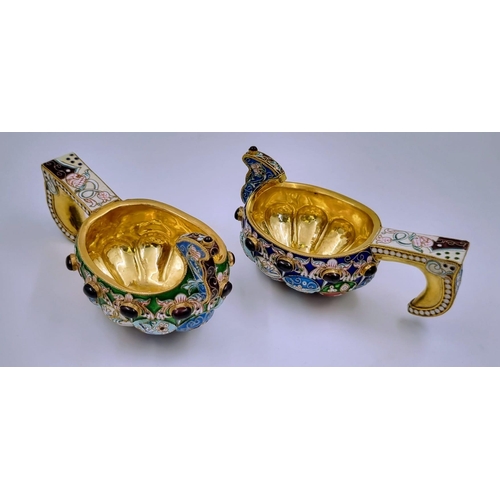 212 - A Delightful Pair of Small Russian Silver Cloisonné Enamel Kovsh Bowls with Handles. Floral and gem-... 