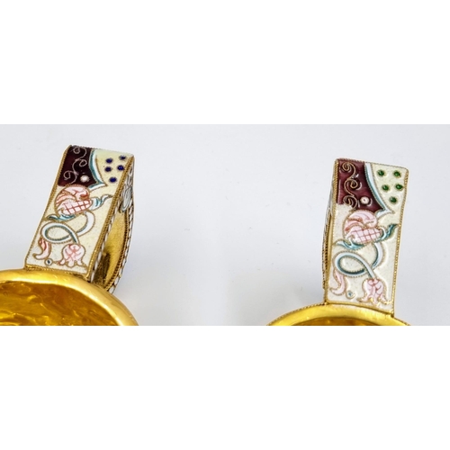 212 - A Delightful Pair of Small Russian Silver Cloisonné Enamel Kovsh Bowls with Handles. Floral and gem-... 