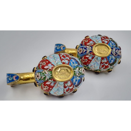 212 - A Delightful Pair of Small Russian Silver Cloisonné Enamel Kovsh Bowls with Handles. Floral and gem-... 