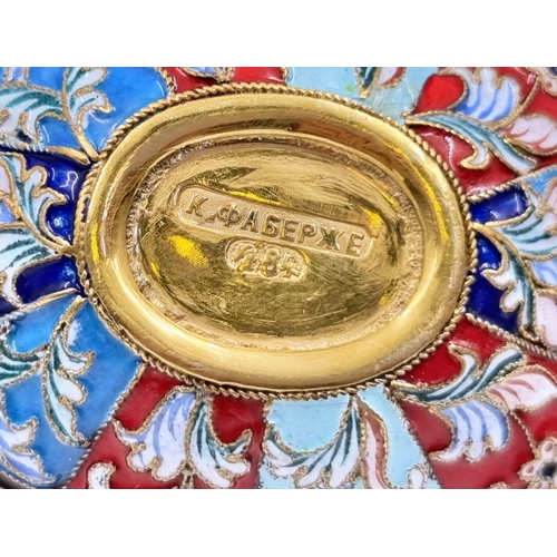 212 - A Delightful Pair of Small Russian Silver Cloisonné Enamel Kovsh Bowls with Handles. Floral and gem-... 