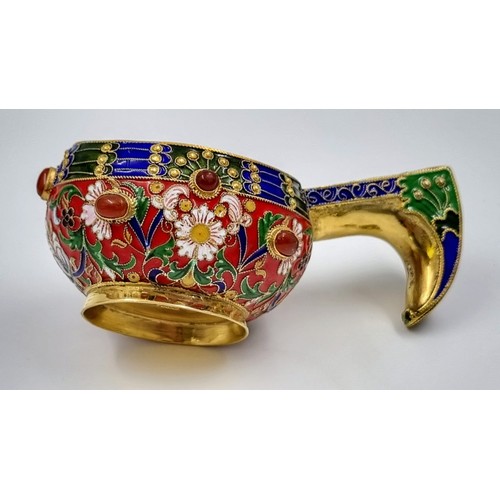 284 - A Small Russian Silver Cloisonné Enamel Kovsh Bowl with Handle. Colourful Floral and gem-set decorat... 