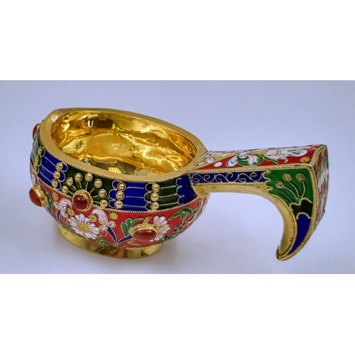 284 - A Small Russian Silver Cloisonné Enamel Kovsh Bowl with Handle. Colourful Floral and gem-set decorat... 