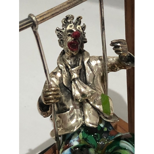 313 - A large solid silver, enamel and Murano glass figurine of a Clown swinging by Vittorio Angini- rare ... 