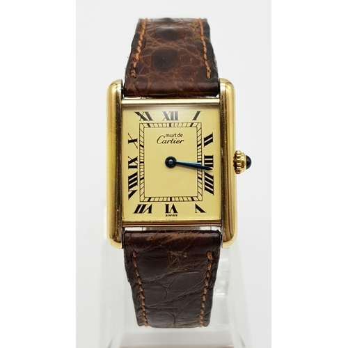 61 - A gents Must de Cartier, silver, gold plated watch with Crocodile leather strap. Quartz, Swiss movem... 