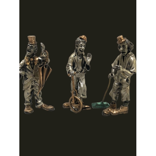 327 - Large solid silver figurine set-of 3  Clowns each with different smiles and items in hand by Vittori... 