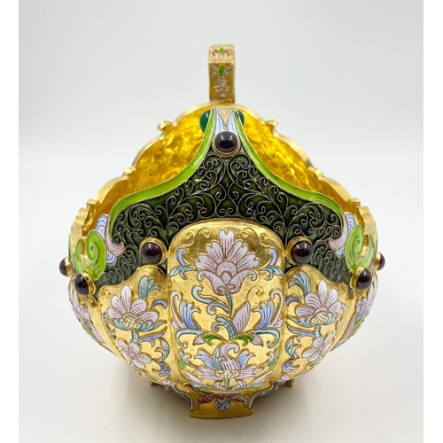 334 - A Russian Silver Gilt and Cloisonné Enamel large Kovsh. Rich gilding throughout, inlaid gemstones. 2... 