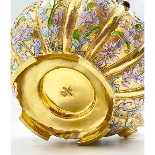 334 - A Russian Silver Gilt and Cloisonné Enamel large Kovsh. Rich gilding throughout, inlaid gemstones. 2... 