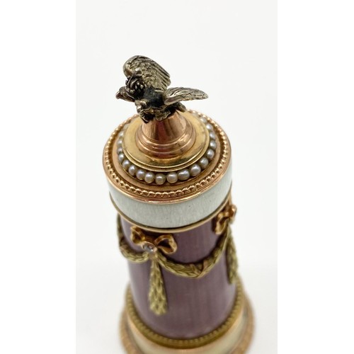 357 - Antique Russian 14K Yellow gold and enamel perfume bottle. Twin-crowned eagles and pearl decorated l... 