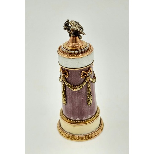 357 - Antique Russian 14K Yellow gold and enamel perfume bottle. Twin-crowned eagles and pearl decorated l... 